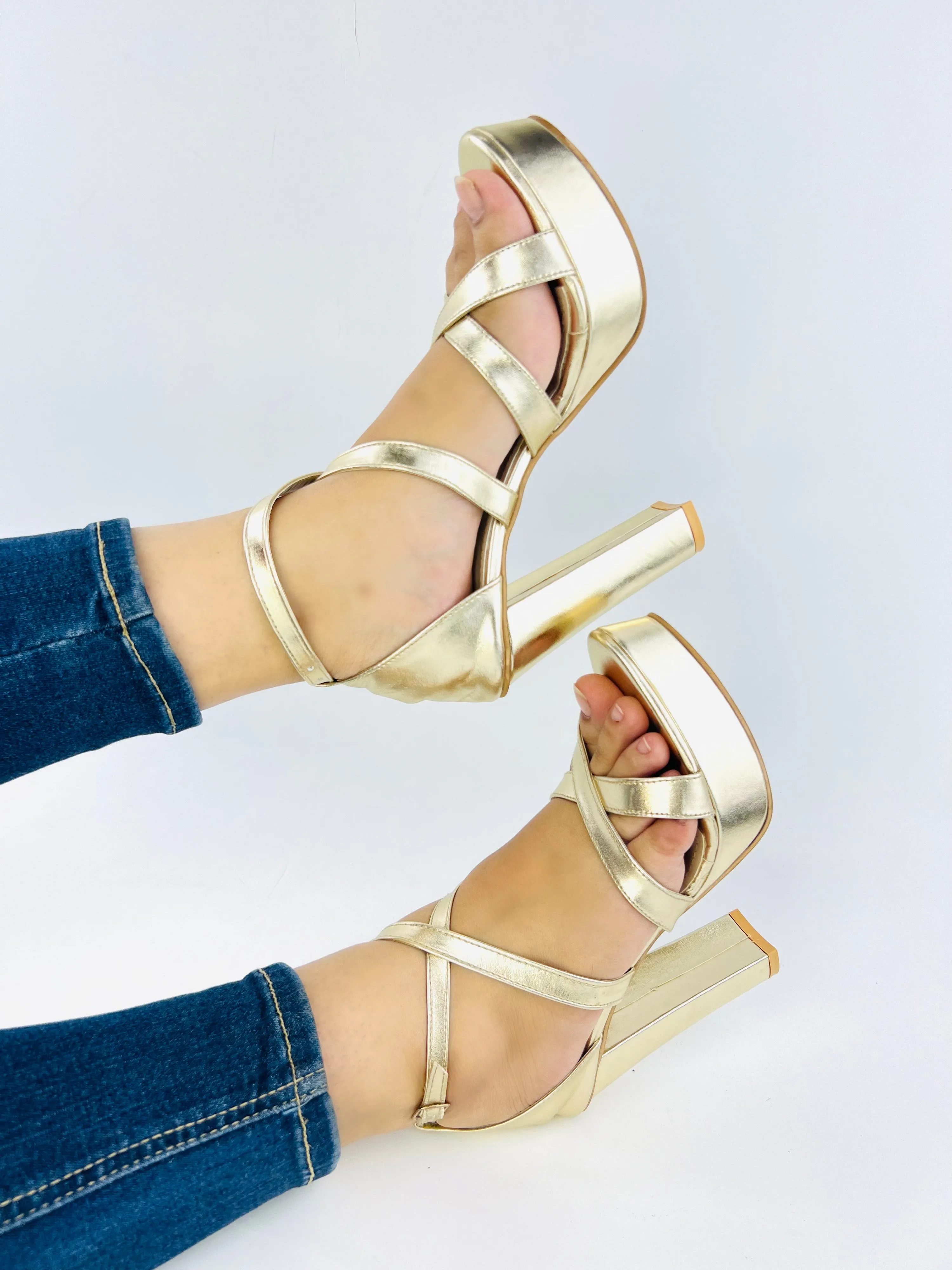 Spunkz Metallic Gold Platform Chunky Heeled Ankle Strap Sandals