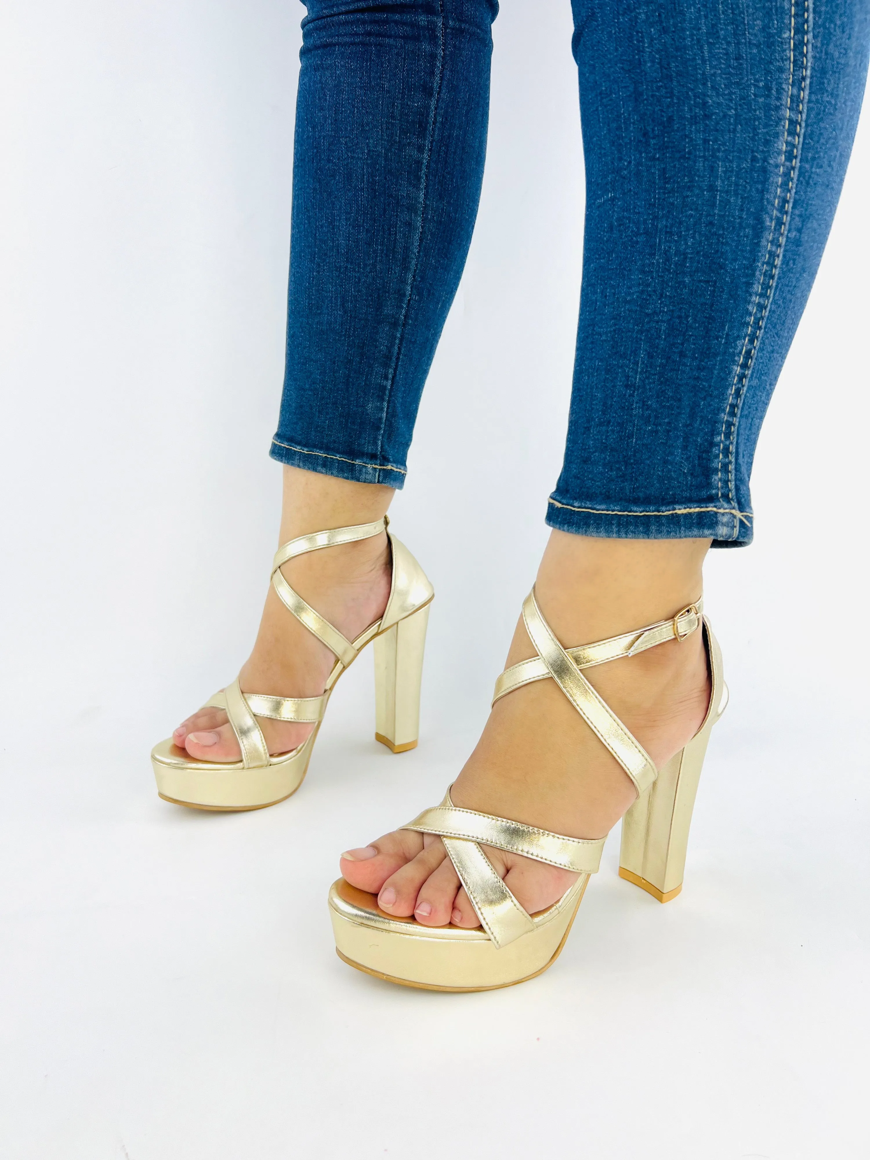 Spunkz Metallic Gold Platform Chunky Heeled Ankle Strap Sandals