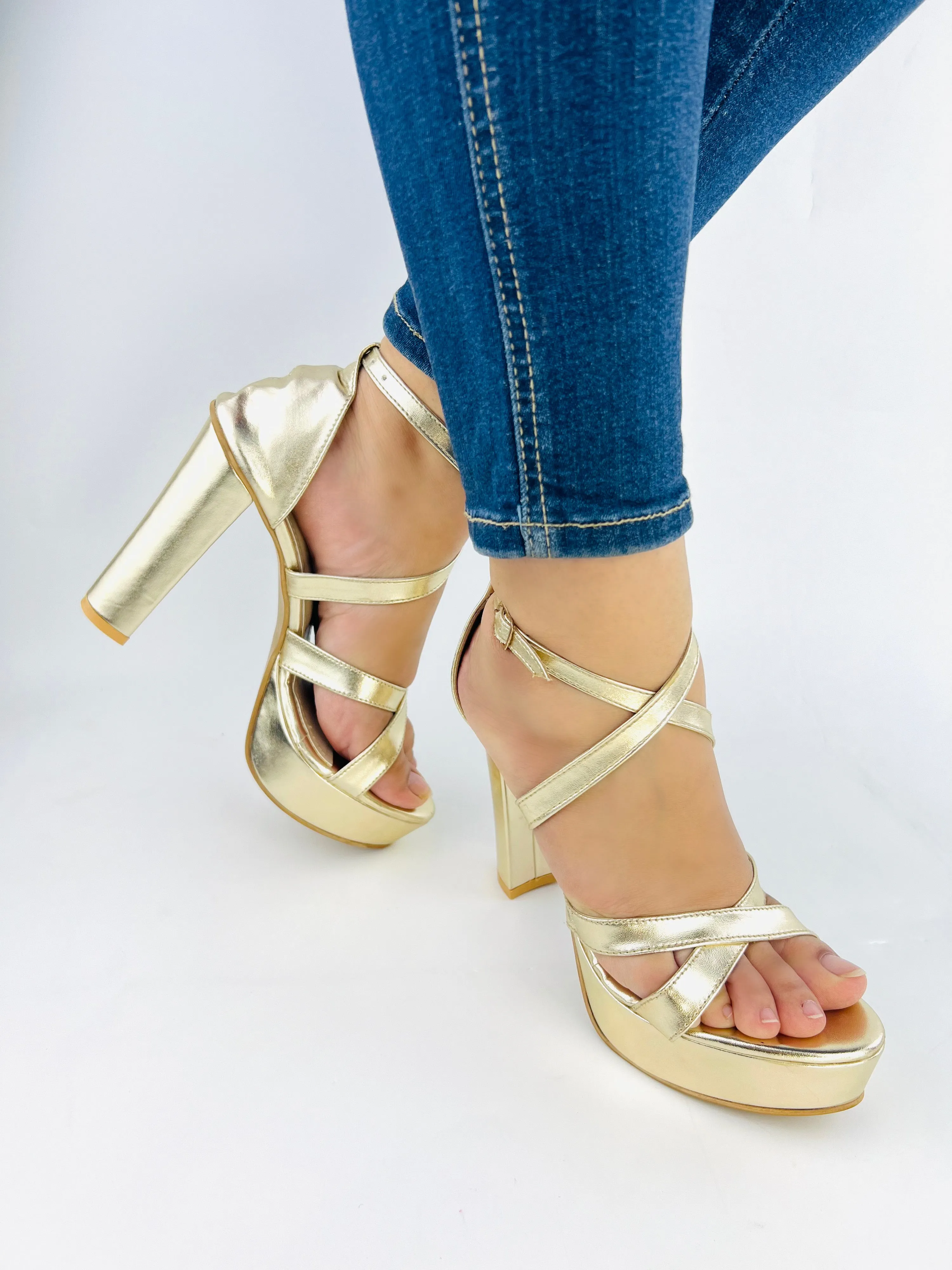 Spunkz Metallic Gold Platform Chunky Heeled Ankle Strap Sandals