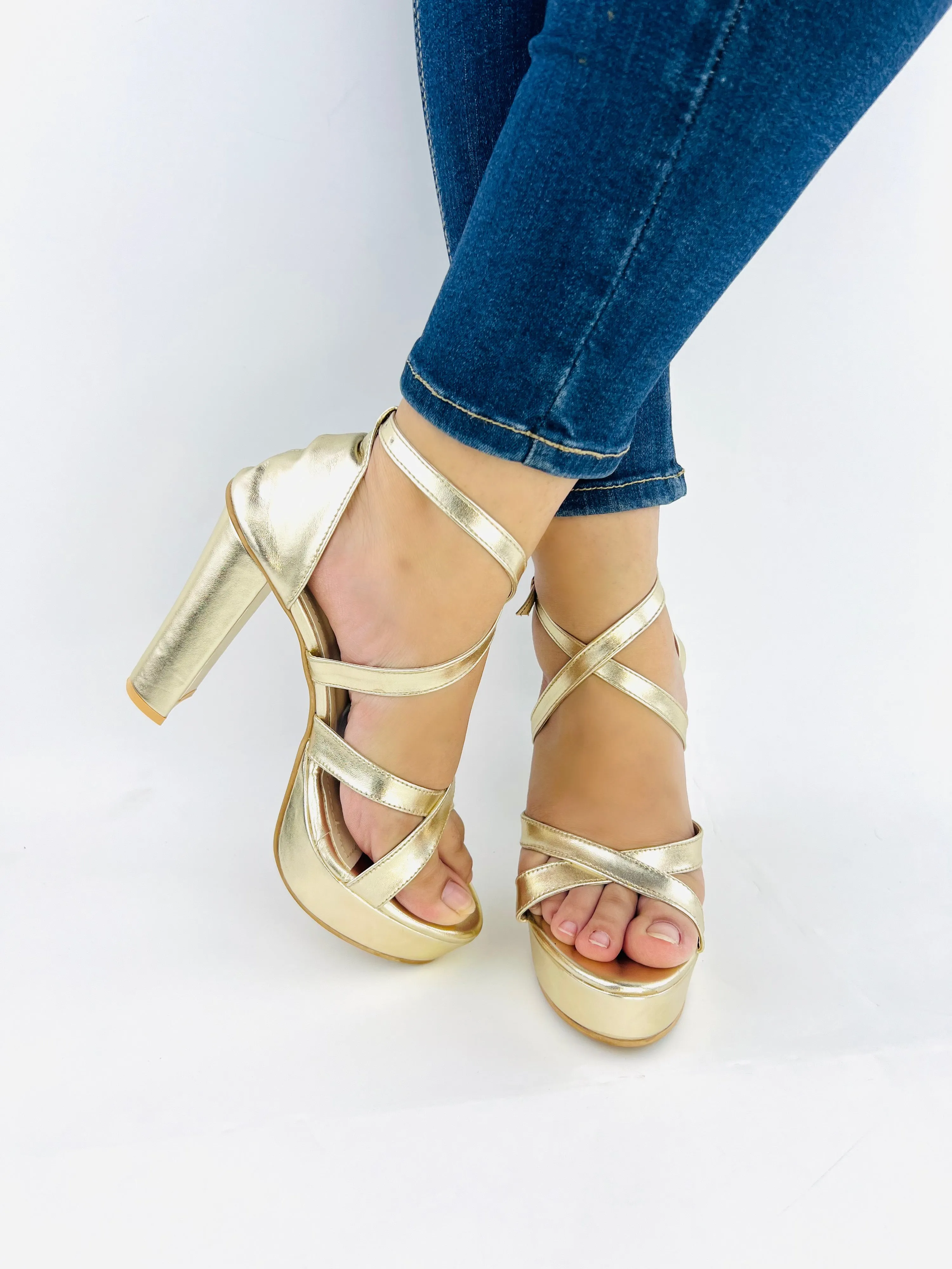 Spunkz Metallic Gold Platform Chunky Heeled Ankle Strap Sandals