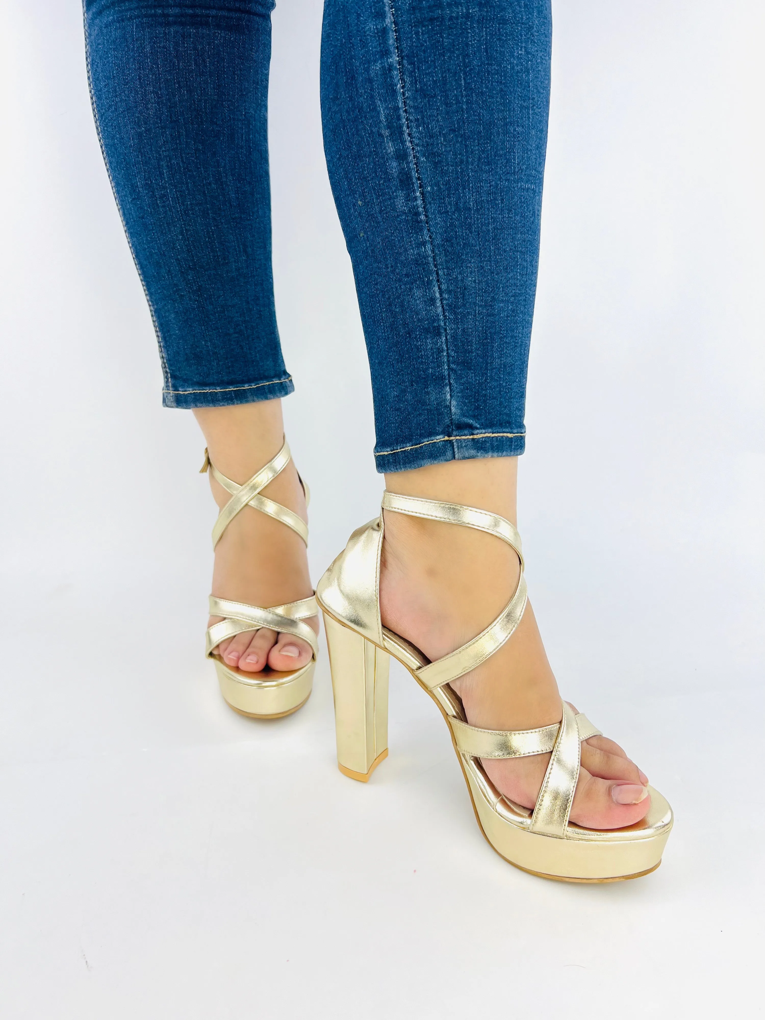 Spunkz Metallic Gold Platform Chunky Heeled Ankle Strap Sandals