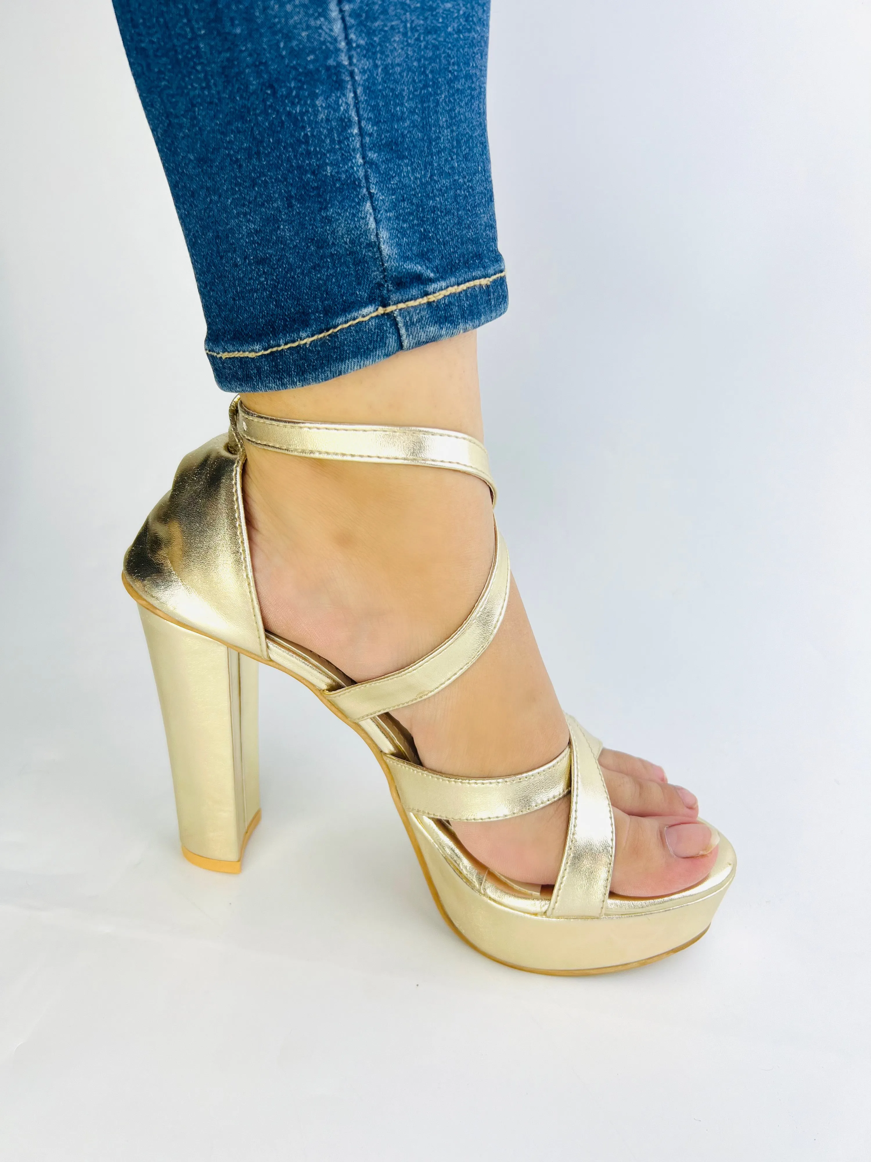 Spunkz Metallic Gold Platform Chunky Heeled Ankle Strap Sandals