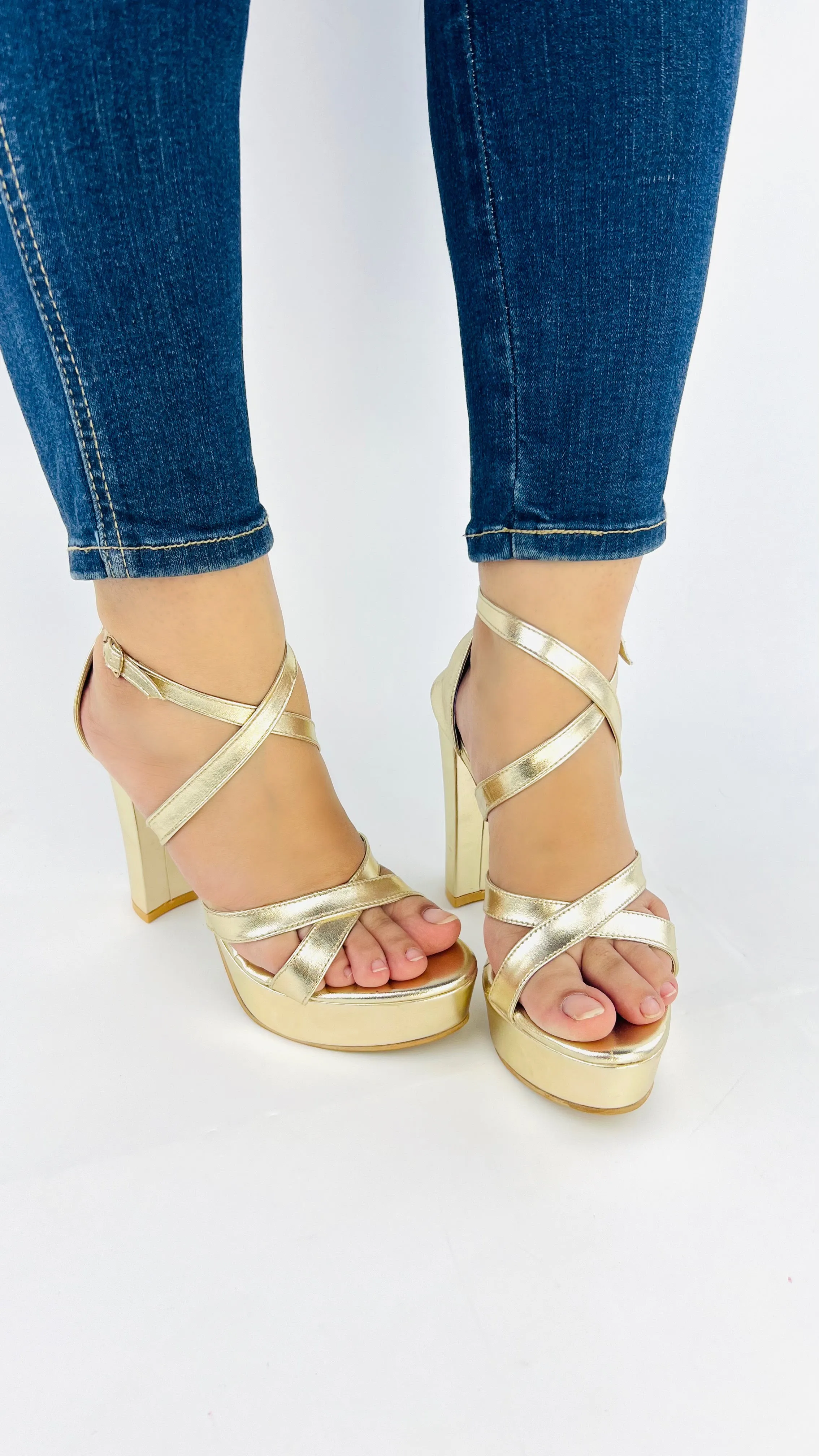 Spunkz Metallic Gold Platform Chunky Heeled Ankle Strap Sandals