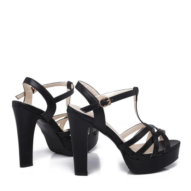 Women platform peep toe buckle ankle strap chunky heels