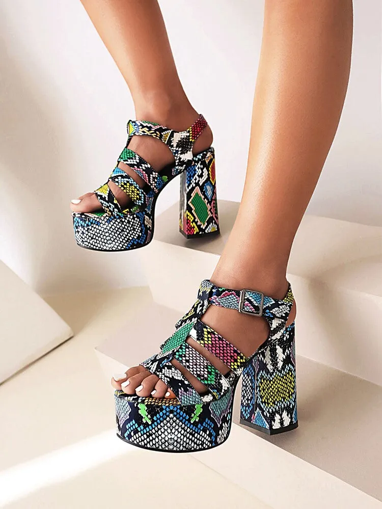 Women's Colorful Print Roman Style Thick Sole Block Heel Platform Sandals