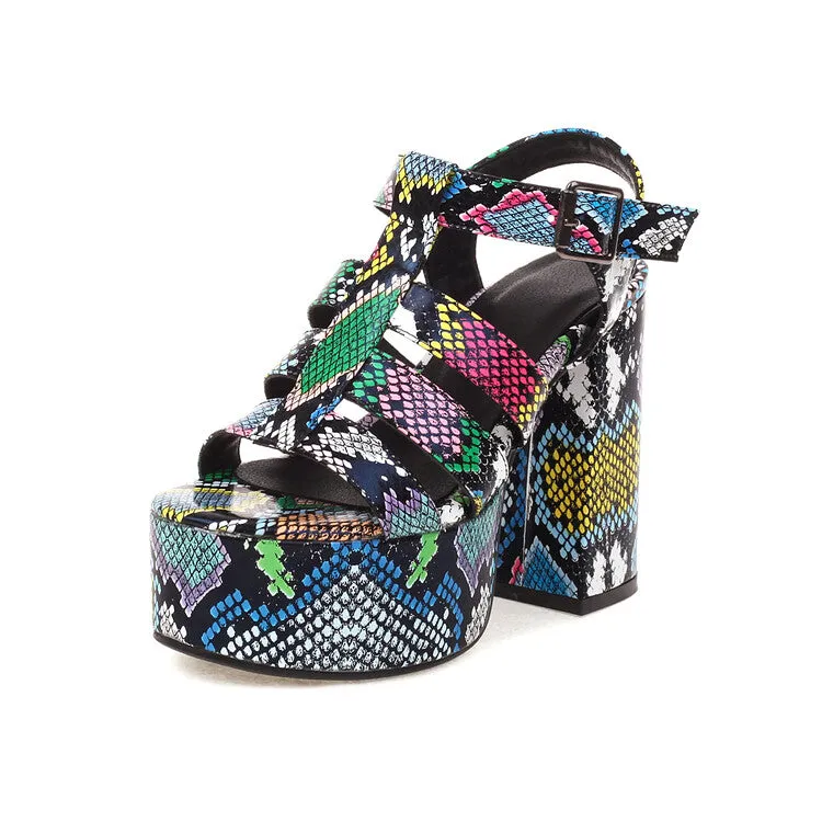 Women's Colorful Print Roman Style Thick Sole Block Heel Platform Sandals