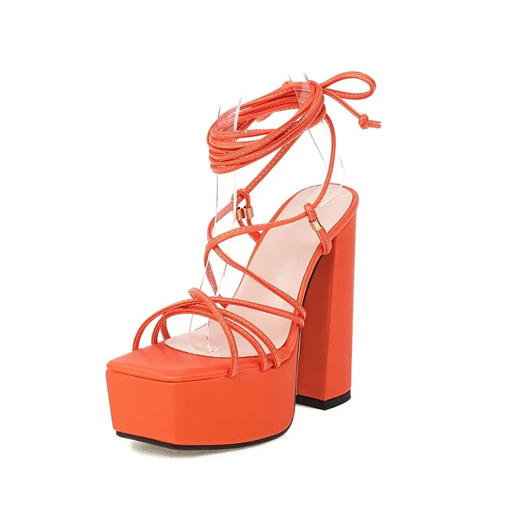 Women's Jelly Color Cross Tied Strap Chunky Heel High Heels Platform Sandals