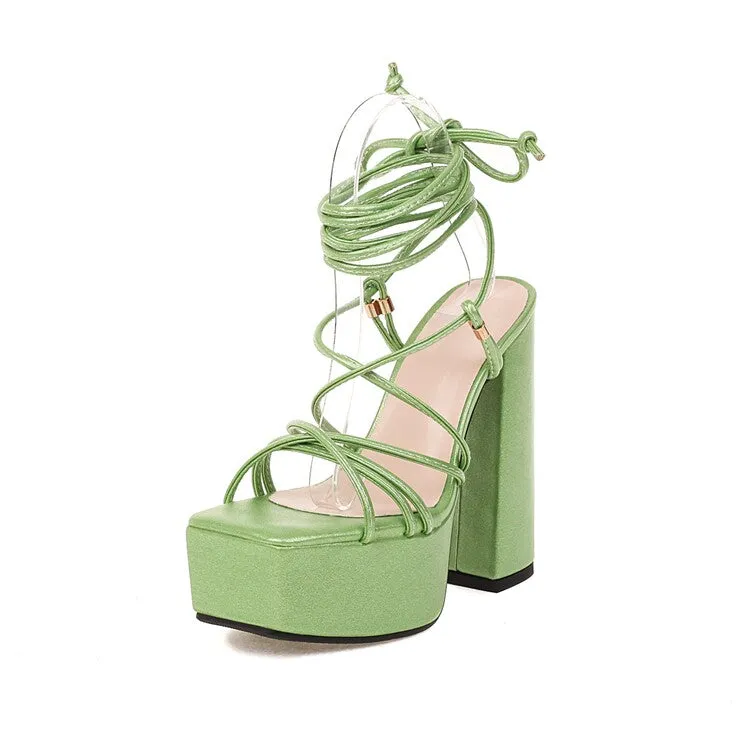 Women's Jelly Color Cross Tied Strap Chunky Heel High Heels Platform Sandals