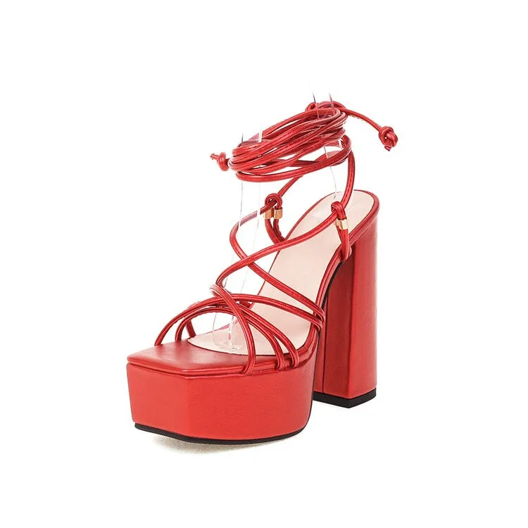 Women's Jelly Color Cross Tied Strap Chunky Heel High Heels Platform Sandals