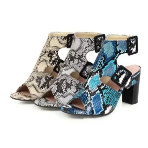 Women's Snake Printed Buckle Straps Block Chunky Heel Sandals