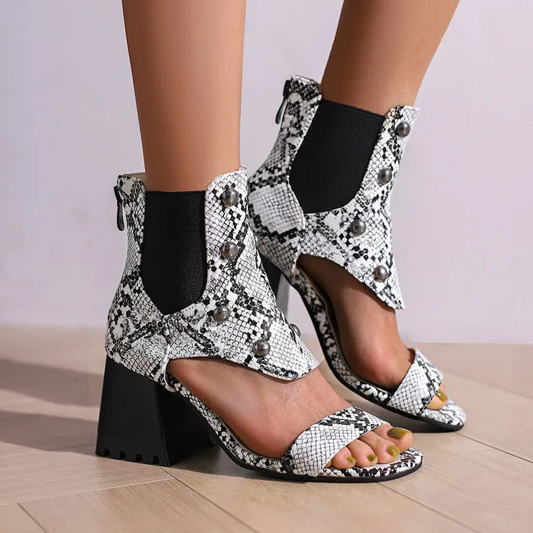 Women's Snake-Printed Open Toe Stretch Block Chunky Heel Sandals