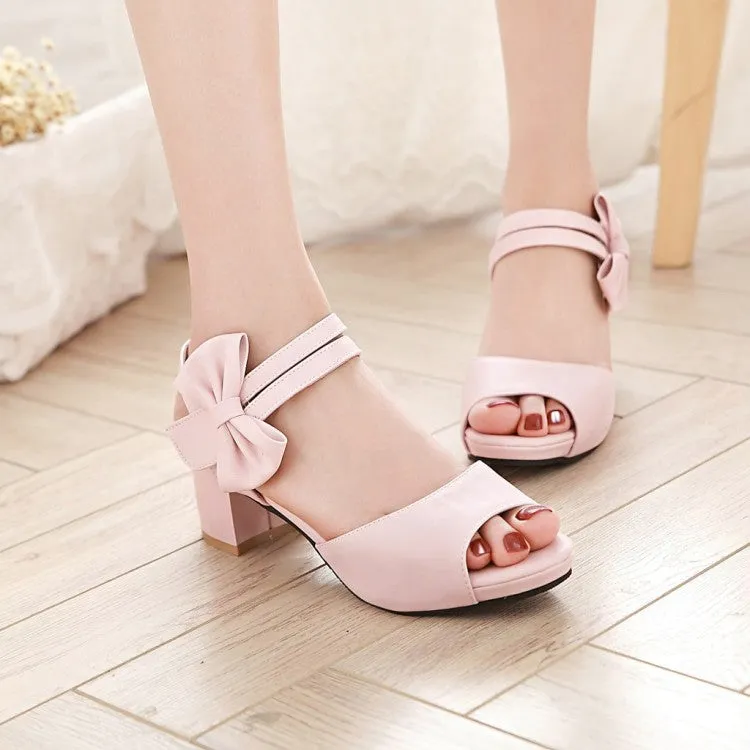 Women's Solid Color Double Ankle Strap Butterfly Knot Block Heels Sandals