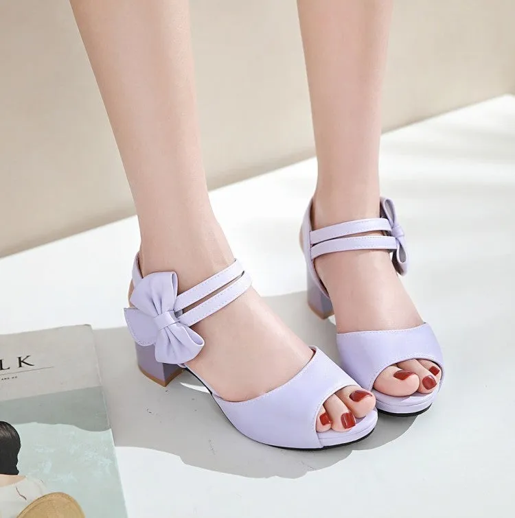 Women's Solid Color Double Ankle Strap Butterfly Knot Block Heels Sandals