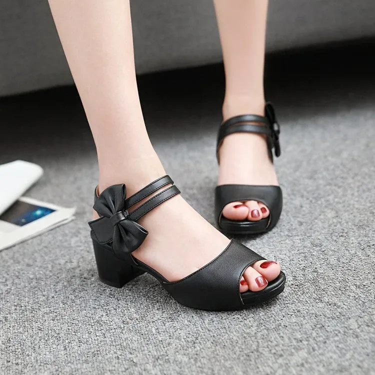 Women's Solid Color Double Ankle Strap Butterfly Knot Block Heels Sandals