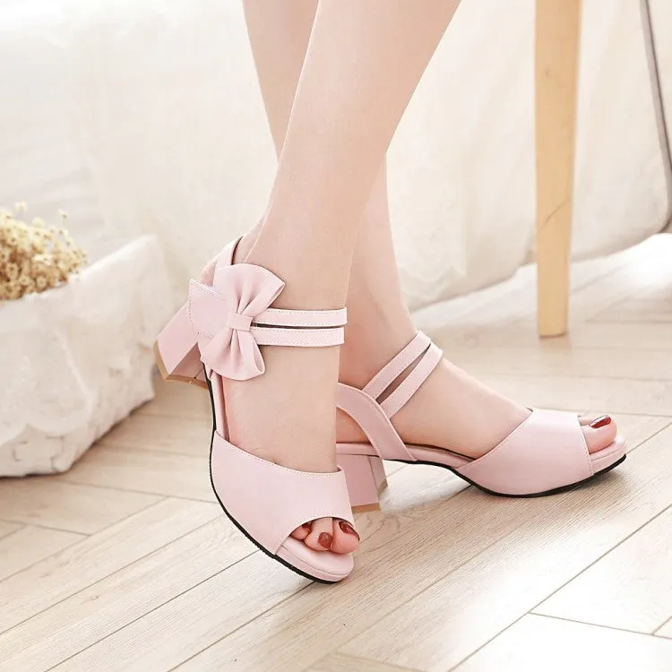 Women's Solid Color Double Ankle Strap Butterfly Knot Block Heels Sandals