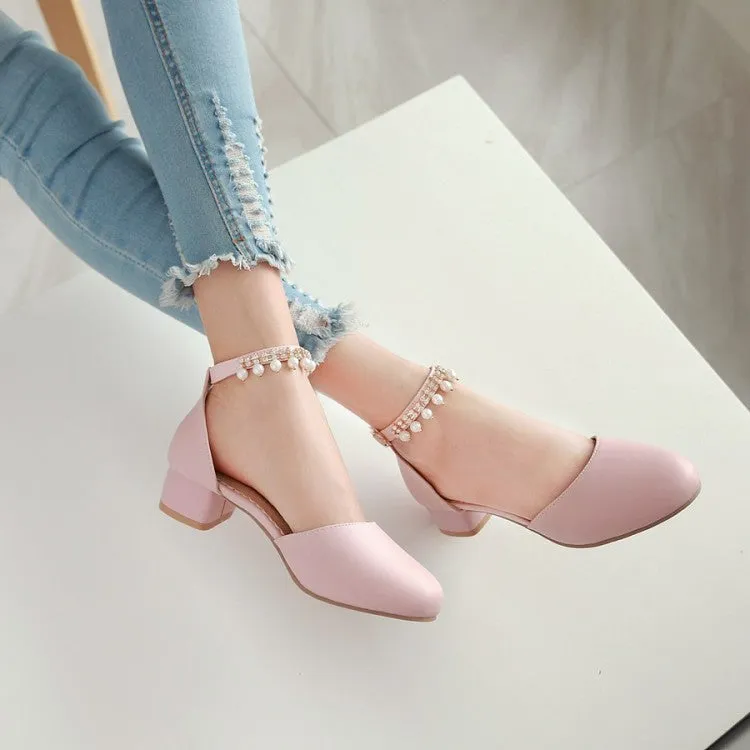 Women's Solid Color Round Toe Hollow Out Pearls Ankle Strap Block Heel Low Heels Sandals