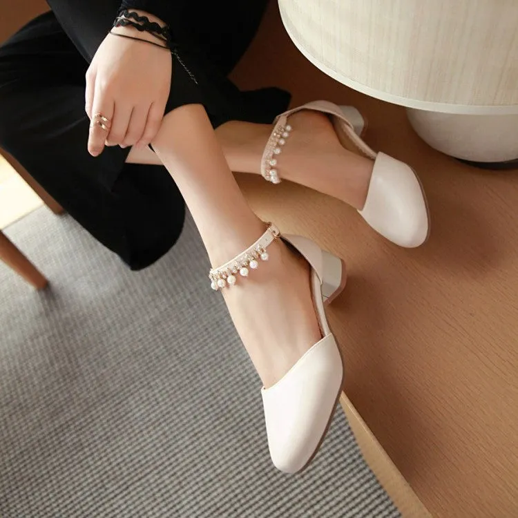 Women's Solid Color Round Toe Hollow Out Pearls Ankle Strap Block Heel Low Heels Sandals