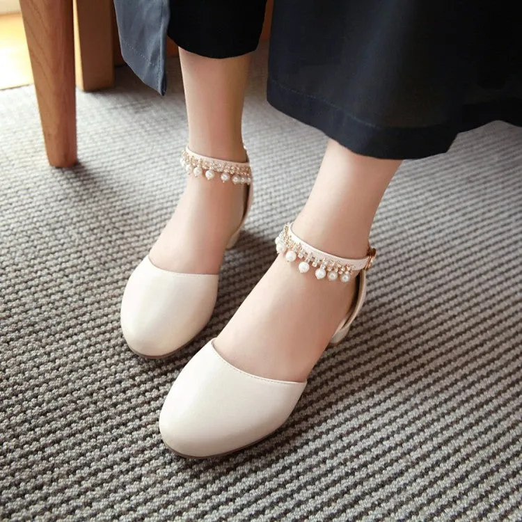 Women's Solid Color Round Toe Hollow Out Pearls Ankle Strap Block Heel Low Heels Sandals