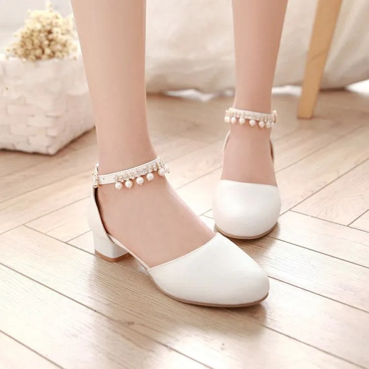 Women's Solid Color Round Toe Hollow Out Pearls Ankle Strap Block Heel Low Heels Sandals