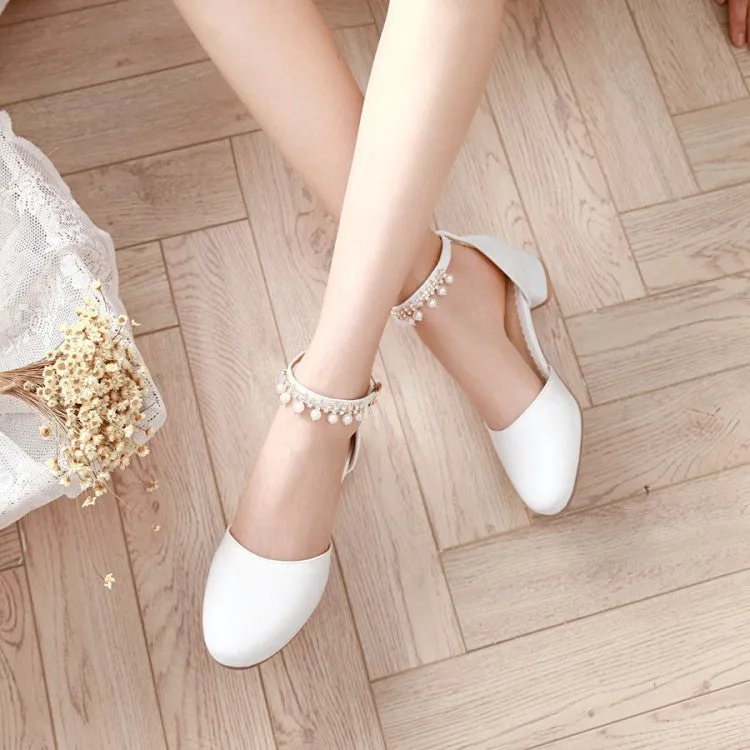 Women's Solid Color Round Toe Hollow Out Pearls Ankle Strap Block Heel Low Heels Sandals