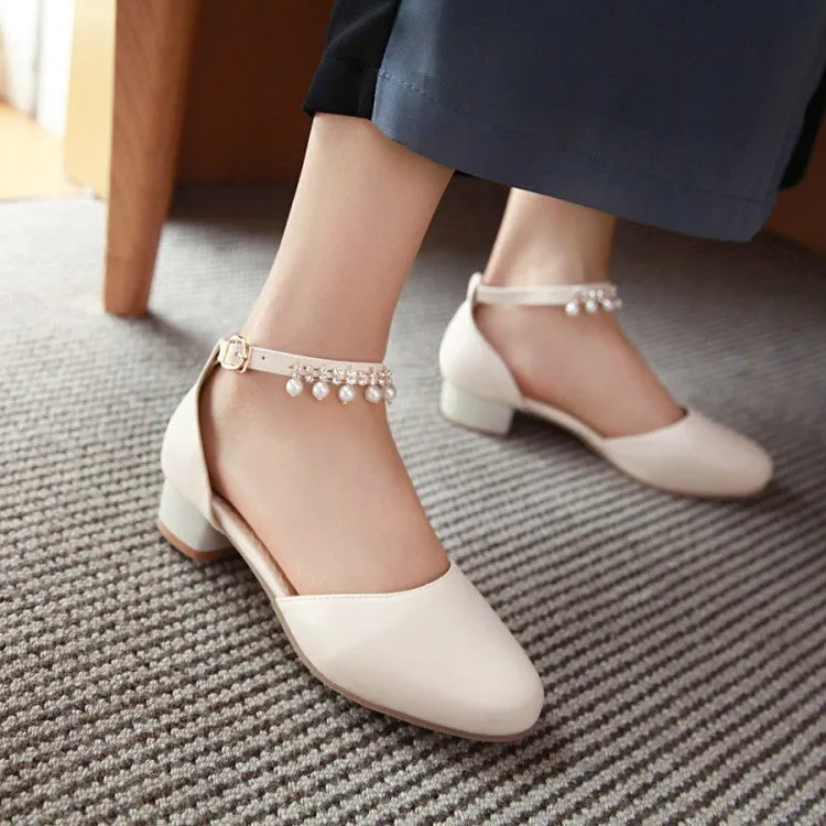 Women's Solid Color Round Toe Hollow Out Pearls Ankle Strap Block Heel Low Heels Sandals